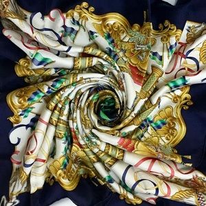 Hermès Vintage Silk Jacquard 90cm Scarf “Luna Park” Navy